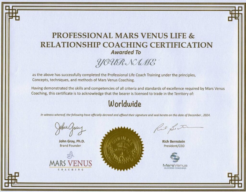 Screenshot of the Mars Venus Life and Relationship Coach certificate. Gold frame, gold seal and signatures of John Gray and Richard Bernstein